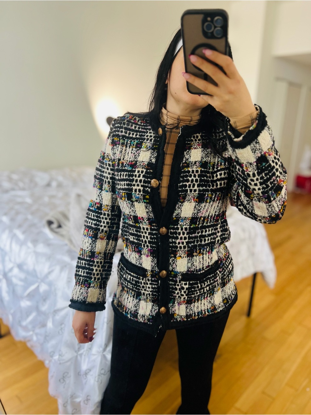 Carlisle Black and White Tweed Plaid Blazer Jacket with Multicolor Accents 8